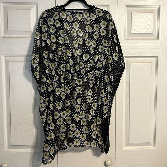 MIKEN SWIM Size Large Daisy Print Crochet Chiffon Kimono Tunic Swim Cover-Up - Picture 10 of 11